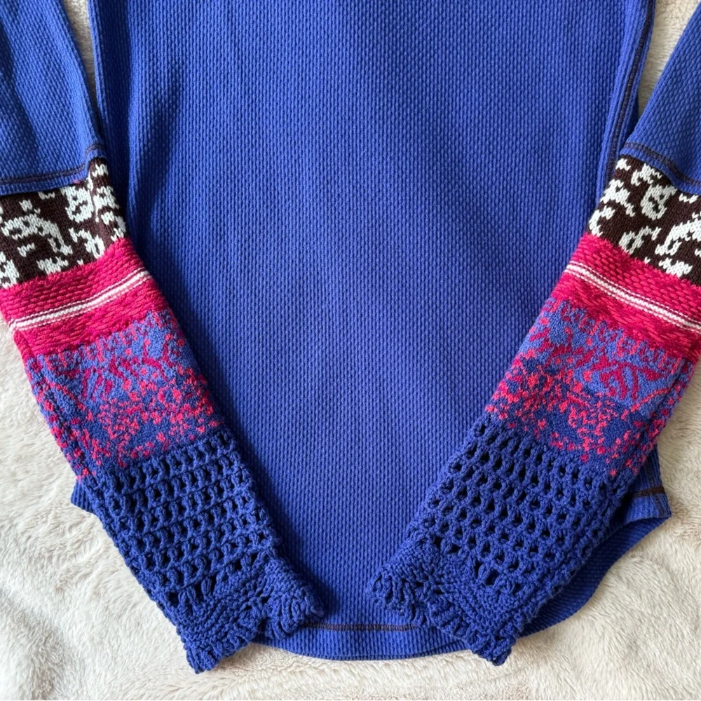 Free People Cobalt Blue Thermal Top with Pink & Black Patterned Sleeves
